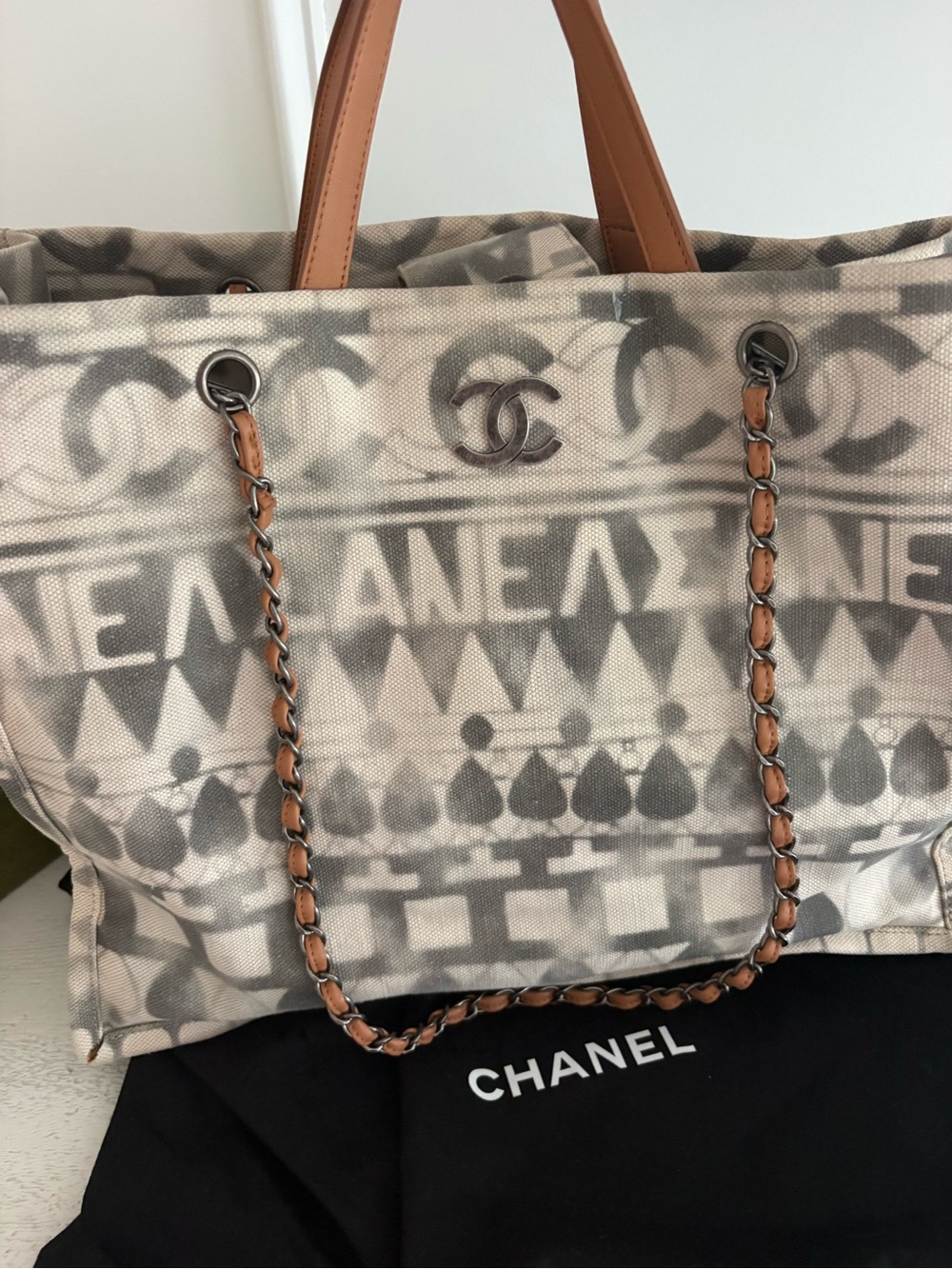CHANEL Beige Canvas Logo-Print Quilted Chain Tote